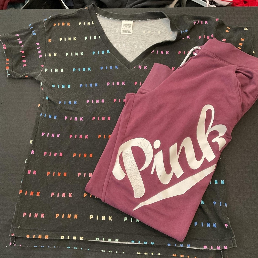 PINK Victoria's Secret Sweat Set Womens Medium Multicolor V Neck Logo 2 Piece